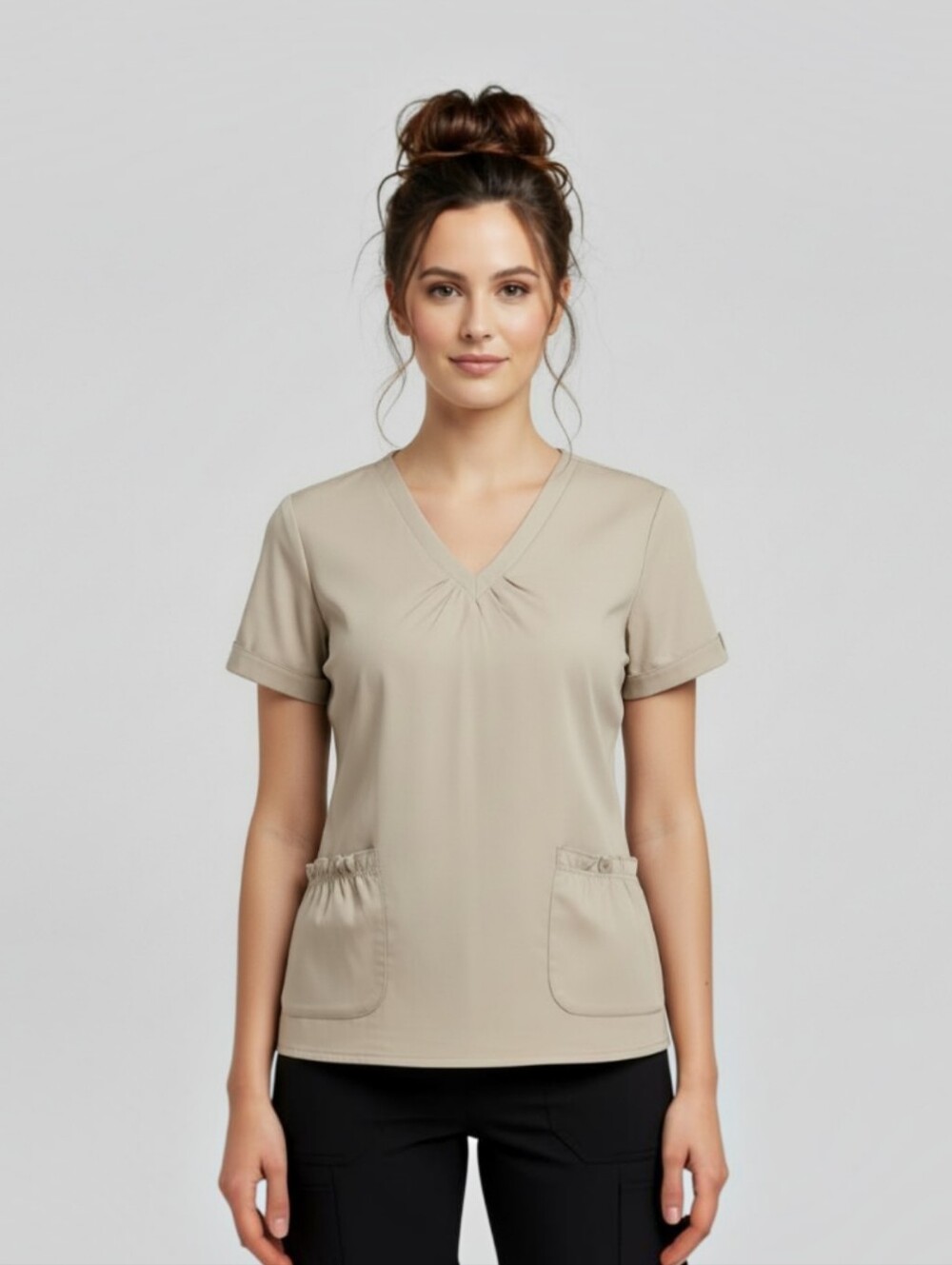 White Cross Women's V-Neck Scrub Top in Taupe, Ruffle Pockets, Flattering, EUC L
